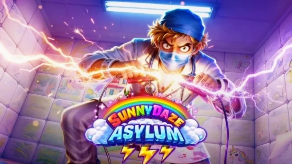 Tampilan visual neon dan simbol unik di dalam slot Sunnydaze Asylum