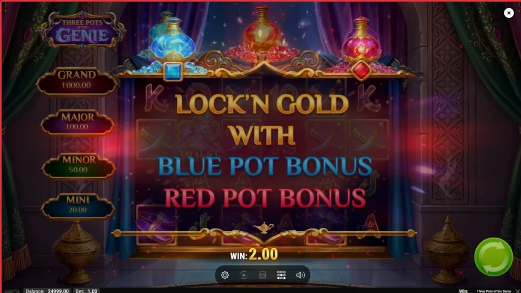 Tangkapan layar permainan slot Three Pots of the Genie menampilkan gulungan dan tiga pot ajaib.