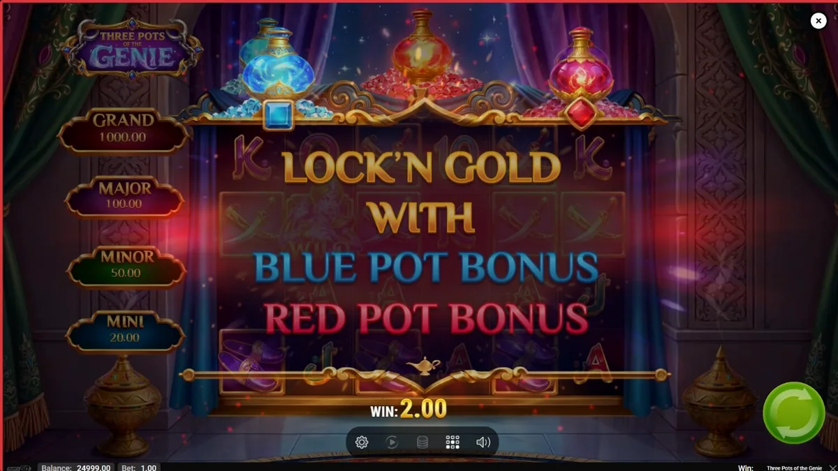 Tangkapan layar permainan slot Three Pots of the Genie menampilkan gulungan dan tiga pot ajaib.